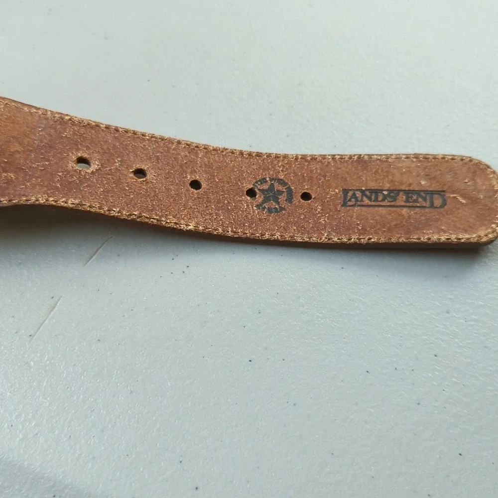 VTG Lands End Waist Belt Elastic Leather White USA 32 Brass Cotton Coastal Yacht - Picture 6 of 6